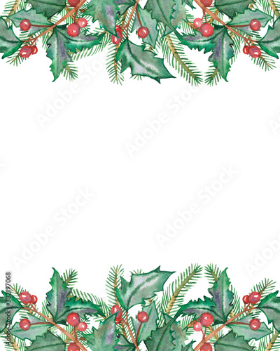 Watercolor hand painted nature winter holiday banner frame with green fir branches and holly red berries and green leaves on the white background for christmas greeting card with the space for text