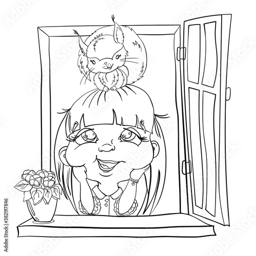 A picture from a black outline for coloring. A little girl in a dress looks out the open window. A funny squirrel sits on the child's head. A flower pot stands on the window