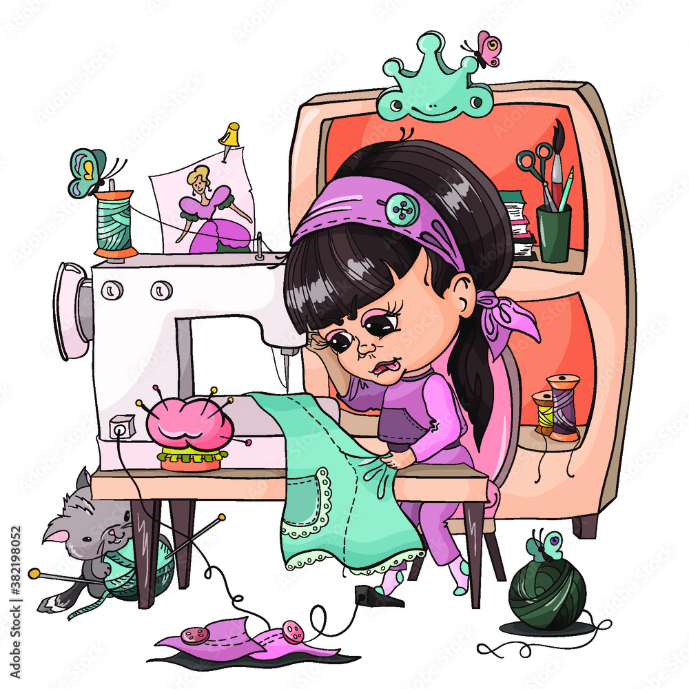 Picture in cartoon comic style, little girl sitting and sewing on a sewing  machine, funny kitten playing with a ball of thread Stock Vector | Adobe  Stock