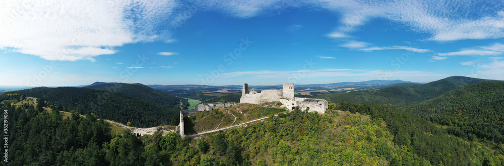 Aerial view of Cachtice Castle in the village of Cachtice in Slovakia
