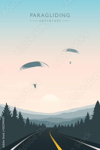 paraglider in the sky on road and mountain background vector illustration EPS10