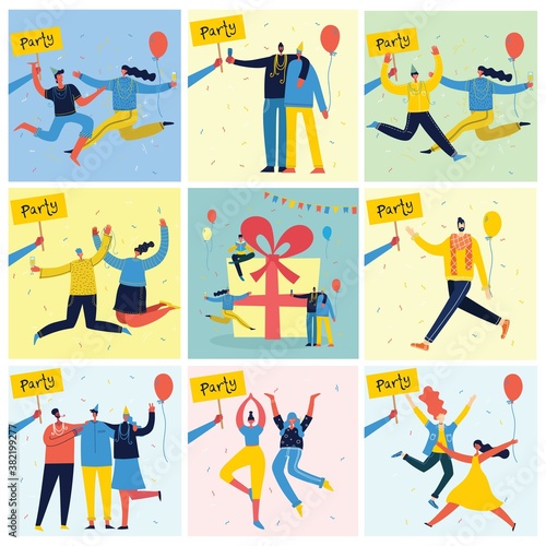 Vector cartoon illustration of Happy group of people celebrating  jumping on the party.