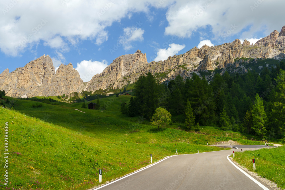 Mountain landscape along the road to Gardena pass, Dolomites