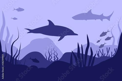Seabed in abstract style on deep blue background. Sea landscape. Flat cartoon. Underwater world. Nature landscape template. Beautiful poster for concept design. Background. Abstract wallpaper.