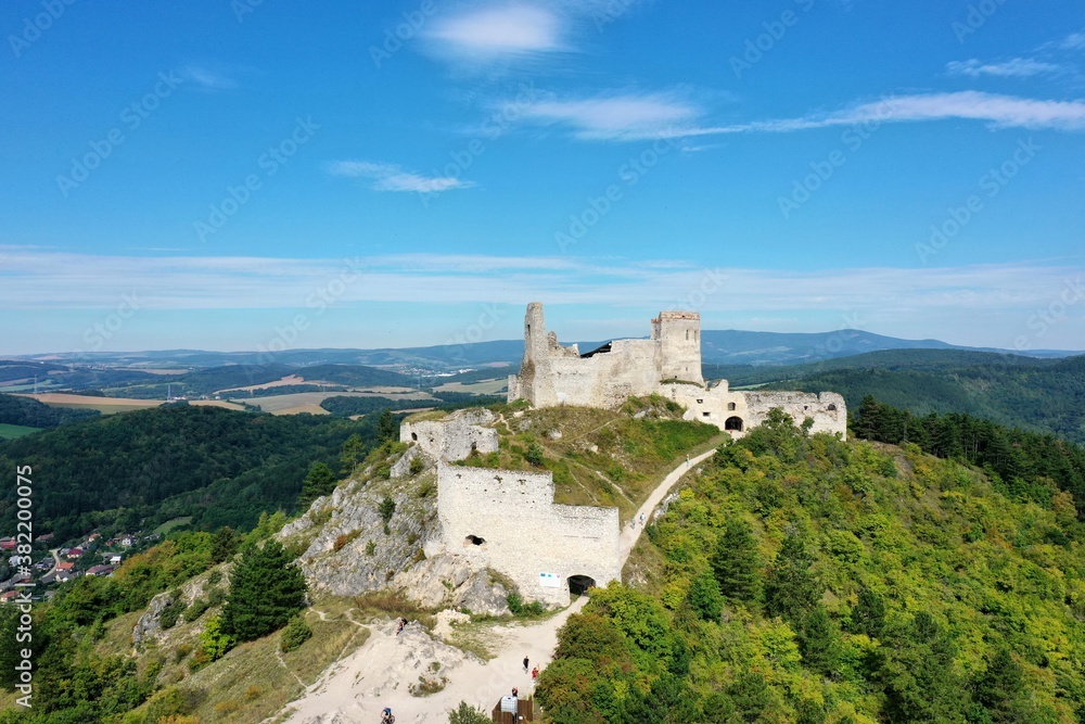 Aerial view of Cachtice Castle in the village of Cachtice in Slovakia