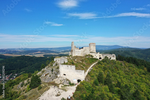 Aerial view of Cachtice Castle in the village of Cachtice in Slovakia © Peter