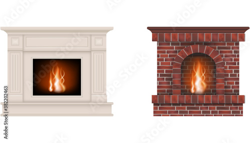 isolated fireplaces. white fireplace and fireplace with red bricks