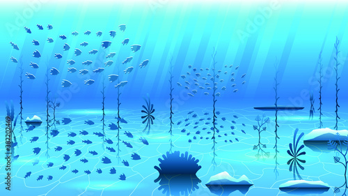 Abstract Blue Underwater Ocean Sea Nature Background Vector With Fish And Shadows Seaweed Design Style