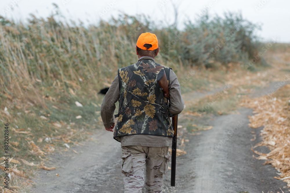 Duck hunter with shotgun walking through a meadow. .Rear view of a man with a weapon in his hands. Duck hunter with shotgun walking through a meadow. .Rear view of a man with a weapon in his hands.