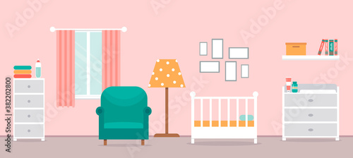 Cozy interior of the nursery. Children's room with furniture for the girl. Room design for newborn. Changing table, crib and other items for a newborn. Vector illustration in a flat style.