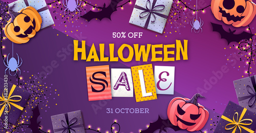 Halloween sale poster with gift boxes and jack o lantern. Halloween background