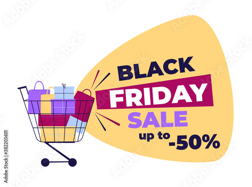 Black Friday Sale. Shopping trolley full of purchases and gifts