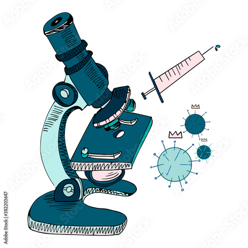 Microscope vector illustration.  Corona virus concept. Vaccine against coronavirus, bacteriological study. Blue medical device, zoom view of viruses and bacteria.