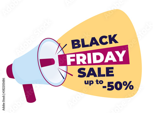 Black Friday Sale. Hand is holding megaphone. Promotion and advertising flat style banner with loudspeaker.