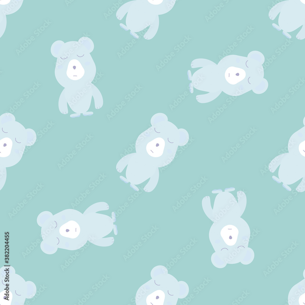 Obraz Seamless pattern with funny bear on a green background. For children's textiles and linen, wrapping paper, notebook and phone covers. Vector illustration
