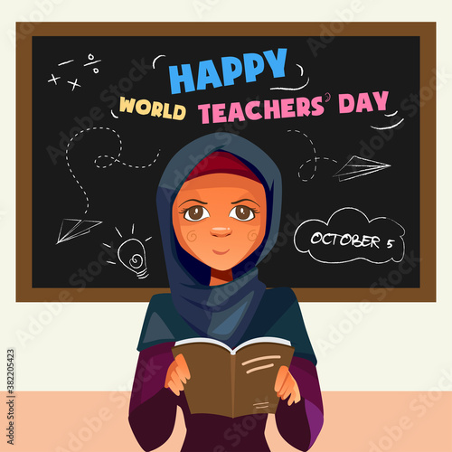 Happy World Teacher's Day, 4 October, poster with teacher in classroom, vector illustration