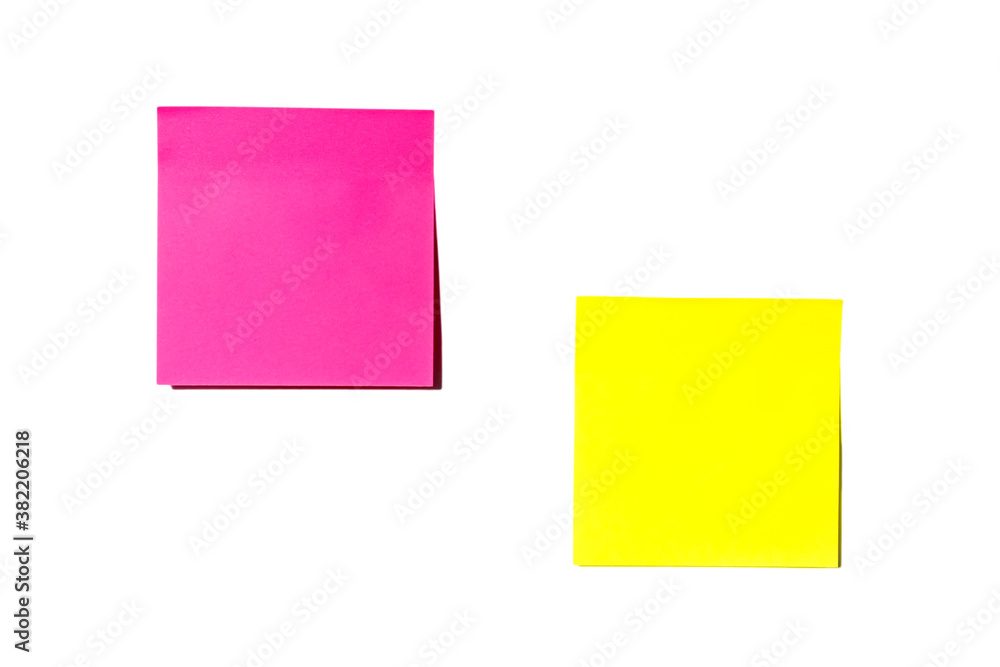 self adhesive sticker blank lettering stickers are yellow and pink with shadows on an insulated white background. space for text