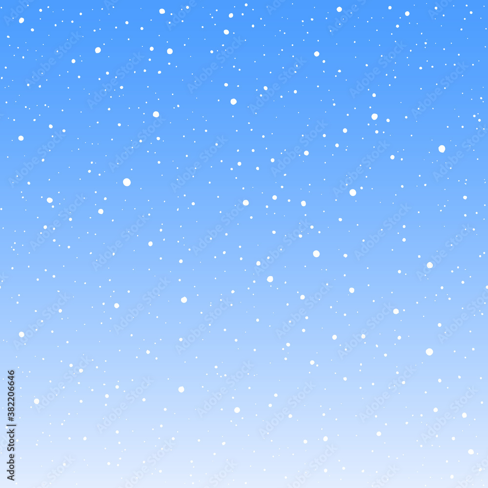 Winter sky with falling snow vector background, pattern. Horizontally seamless gradient New Year template. Hand drawn splash, spray, blobs, round snowflakes, uneven dots of various size texture.