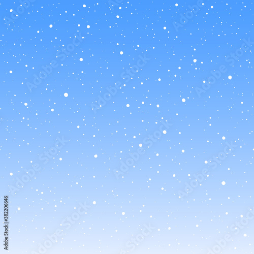 Winter sky with falling snow vector background, pattern. Horizontally seamless gradient New Year template. Hand drawn splash, spray, blobs, round snowflakes, uneven dots of various size texture.
