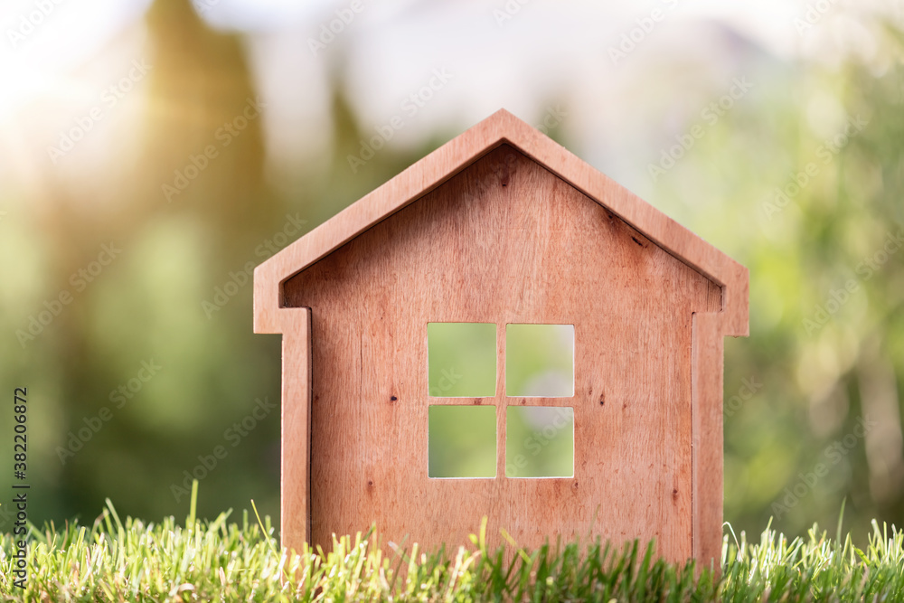Model house in the meadow with grass Model house in the meadow with grass