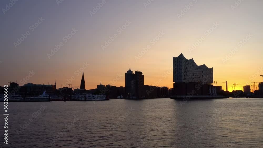 Sunrise at Elbe in Hamburg - Harbour Skyline Panorama 1 Sunrise at Elbe in Hamburg - Harbour Skyline Panorama 1