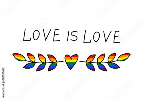 ISOLATED ON A WHITE BACKGROUND MULTICOLORED BRANCHES HEART AND THE INSCRIPTION LOVE IS LOVE