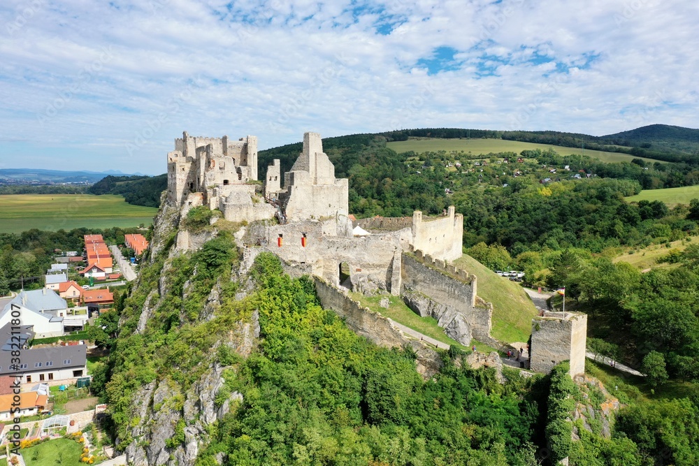 Aerial view of Beckov Castle in the village of Beckov in Slovakia