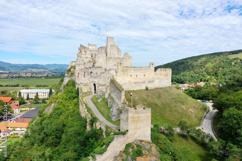 Aerial view of Beckov Castle in the village of Beckov in Slovakia