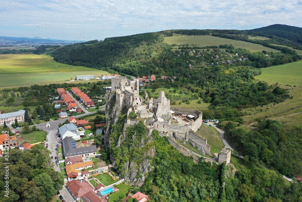 Aerial view of Beckov Castle in the village of Beckov in Slovakia