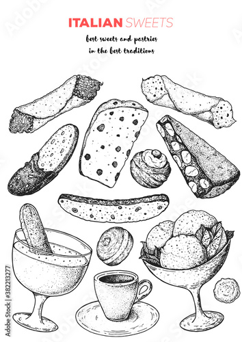 Italian dessert vector illustration. Italian food hand drawn sketch. Baking collection. Vintage design template. Cannoli, zabaglione, biscotti, gelato, panforte, bombolone, zeppole, panettone sketch.