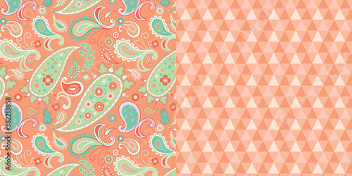 Pattern_Set_Seamless_Paisley_Geometric_Triangle_Pattern_Peach_Turquoise_Background