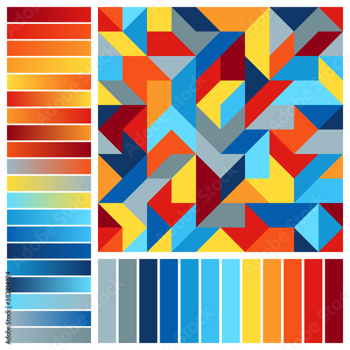 Harmonious Color Palette with Geometric Composition. Seamless Pattern and Blue, Orange, Red, Yellow, Grey Color Swatches.