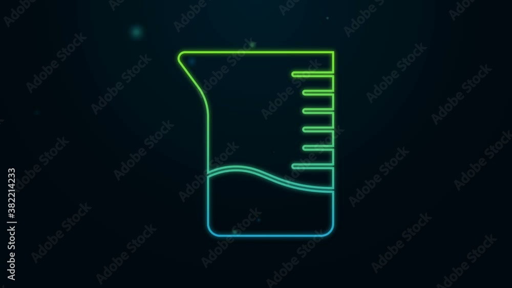 Glowing neon line Measuring cup icon isolated on black background. Plastic graduated beaker with handle. 4K Video motion graphic animation Glowing neon line Measuring cup icon isolated on black background. Plastic graduated beaker with handle. 4K Video motion graphic animation