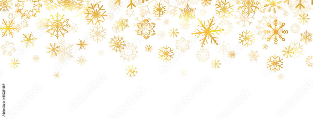 Golden snowflakes falling on white background. Gold snowflakes border with different ornament. Luxury Christmas garland. Winter ornament. Celebration banner. Vector illustration - obrazy, fototapety, plakaty 