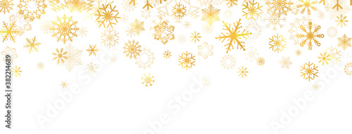 Golden snowflakes falling on white background. Gold snowflakes border with different ornament. Luxury Christmas garland. Winter ornament. Celebration banner. Vector illustration