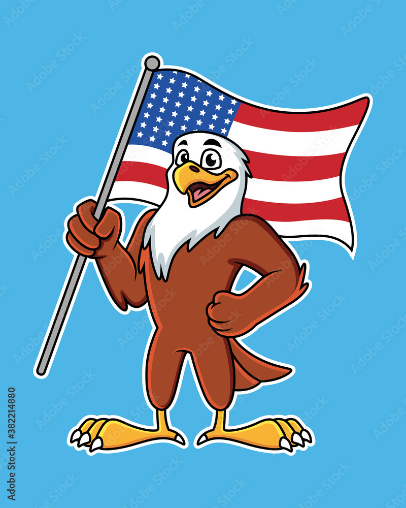 Cute cartoon eagle with american flag. Vector Illustration with