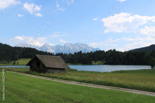 Beautiful lake Geroldsee with the romantic Karwendel mountains in the background