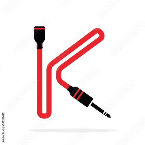 Alphabet K letter logo formed by jack cable or wire. Vector design template elements for your audio, sound or music application or corporate identity. Sign or symbol illustration isolated on white