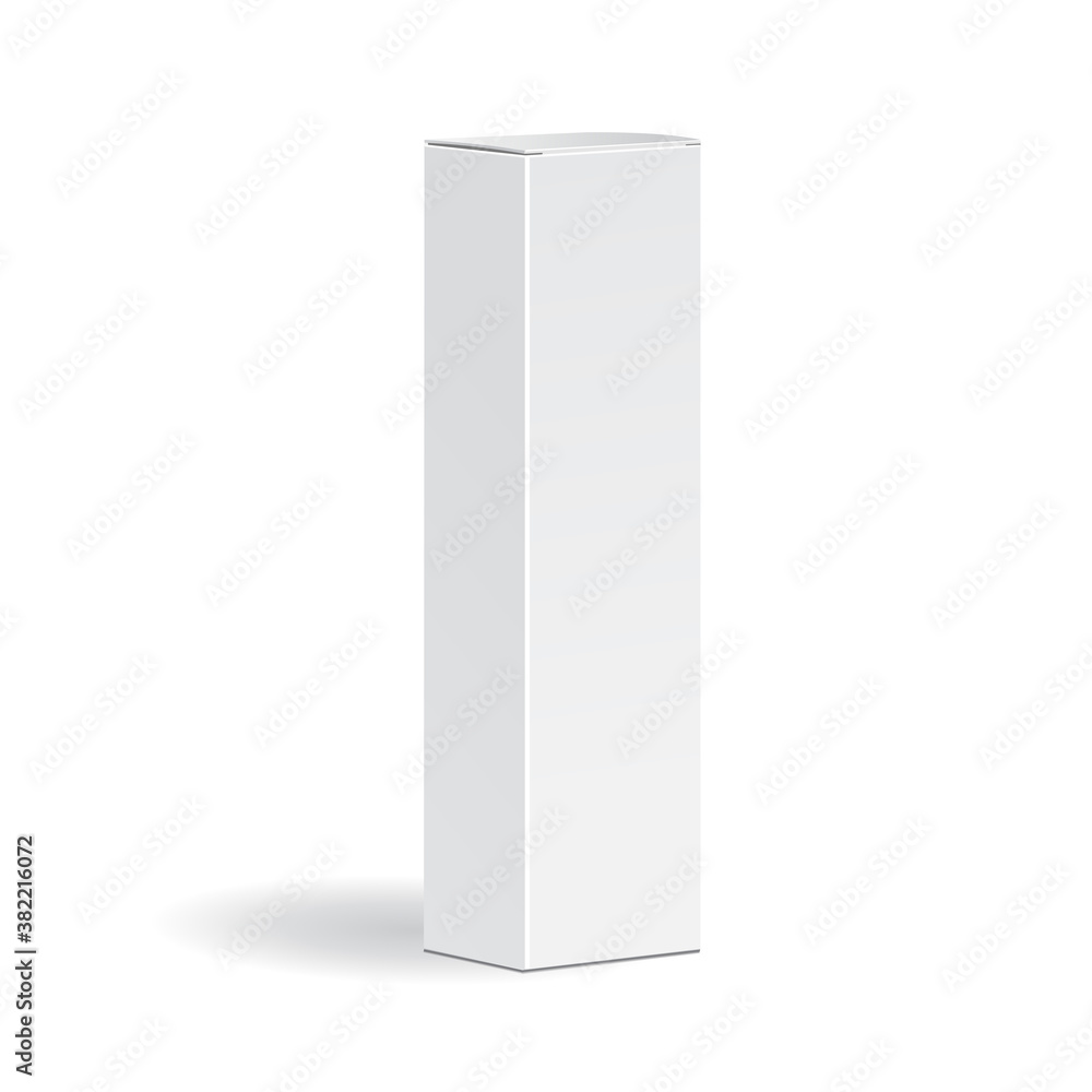 White tall cardboard packaging box mockup for medical and cosmetic products. Vector illustration isolated on white background White tall cardboard packaging box mockup for medical and cosmetic products. Vector illustration isolated on white background