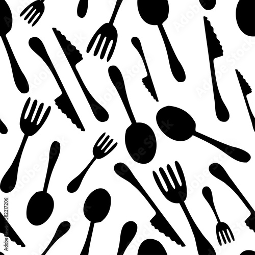 Seamless vector abstract black and white pattern of table spoons, forks and knives