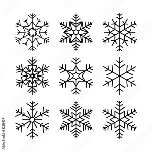 Christmas snowflakes set. Winter collection of black line snow symbols for New Year banners  cards  paper design. Vector illustration of snowfall elements.