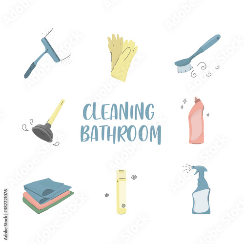 Bathroom cleaning. Set of vector color icons of cleaning tools. Plunger, brush, rags, disinfector, rubber gloves.