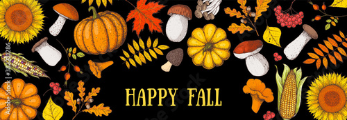 Hello autumn illustration. Autumn harvest. Hand drawn frame with fall leaves, pumpkins, mushrooms, sunflower. Vector illustration. Thanksgiving design template. Sketch design.