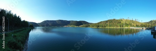 Aerial view of the Palcmanska Masa reservoir in the village of Dedinky in Slovakia