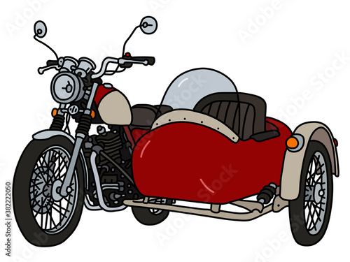The vectorized hand drawing of a classic red and cream sidecar