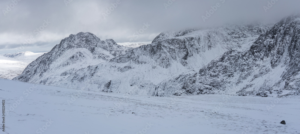 Tryfan and Glyders bathed in the snow during winter, Snowdonia National Park, Wales