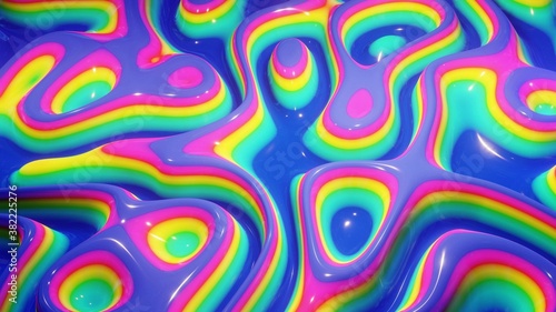 3d rendering. Abstract wavy pattern on bright glossy surface, liquid gradient rainbow color, waves on paint fluid. Glitters on viscous 3d liquid. Creative backdrop