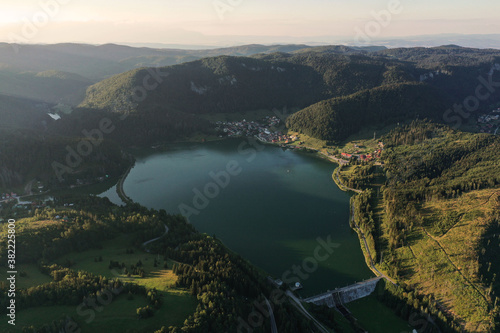 Aerial view of the Palcmanska Masa reservoir in the village of Dedinky in Slovakia