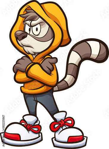 Cartoon angry cacomistle wearing a yellow jacket. Vector clip art illustration with simple gradients. All on a single layer. 
