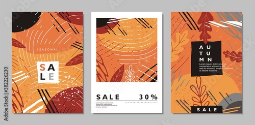 Autumn seasonal banners, booklets, placards and magazine covers design. abstract sales posters vector set. Shopping flyers and ads collection.